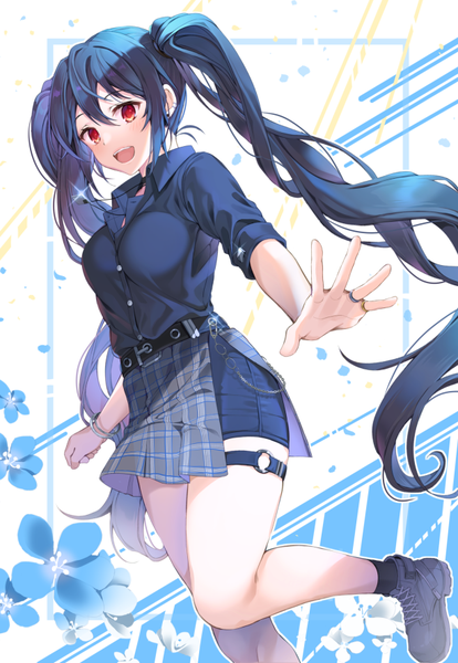 Anime picture 614x890 with original pinb single long hair tall image blush fringe breasts open mouth smile hair between eyes red eyes standing twintails bent knee (knees) head tilt :d teeth piercing plaid skirt