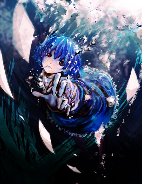 Anime picture 1154x1500 with original seafh (artist) single tall image short hair red eyes blue hair underwater girl dress skirt water bubble (bubbles) lollipop