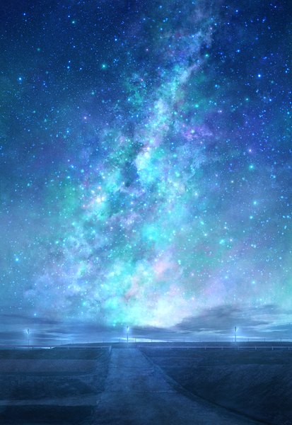 Anime picture 1042x1514 with original mks tall image sky cloud (clouds) night night sky horizon no people landscape scenic milky way star (stars) road lamppost