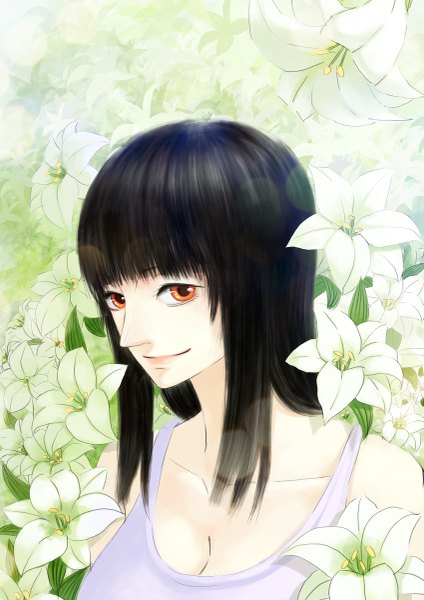 Anime picture 849x1200 with one piece toei animation nico robin totsukitouka single long hair tall image looking at viewer fringe black hair bare shoulders light smile orange eyes portrait girl flower (flowers)