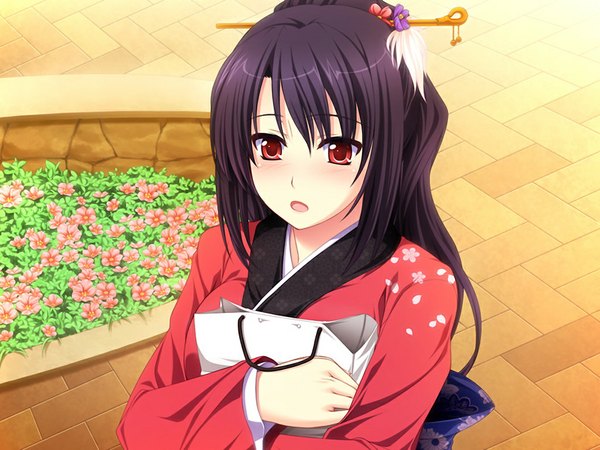 Anime picture 1024x768 with duelist x engage kakyouin tsubaki single long hair blush open mouth black hair red eyes game cg japanese clothes girl hair ornament flower (flowers) kimono hairclip