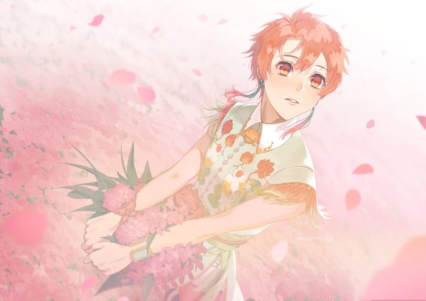 Anime picture 1414x1000 with idolish 7 izumi mitsuki sua lucid single fringe short hair hair between eyes red eyes red hair from above sleeveless looking up boy flower (flowers) earrings petals