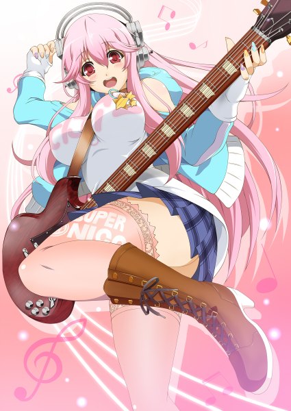 Anime picture 850x1200 with nitroplus super sonico miyabi (miura105) single long hair tall image blush breasts open mouth light erotic pink hair pink eyes girl thighhighs skirt boots headphones guitar