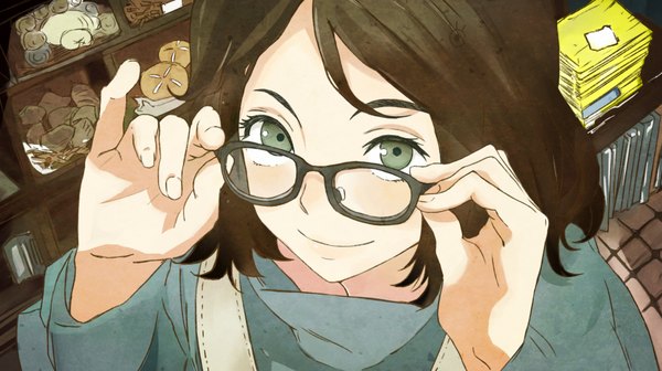 Anime picture 2040x1144 with no.6 studio bones karan (no.6) humi (artist) single looking at viewer fringe highres short hair smile brown hair wide image holding green eyes fingernails from above looking up adjusting glasses girl glasses
