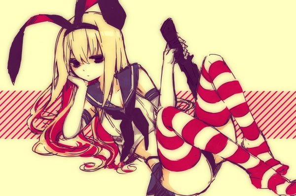 Anime picture 1400x933 with kantai collection shimakaze destroyer single long hair looking at viewer light erotic blonde hair sitting animal ears full body black eyes serious girl thighhighs skirt gloves hair ornament underwear panties ribbon (ribbons)