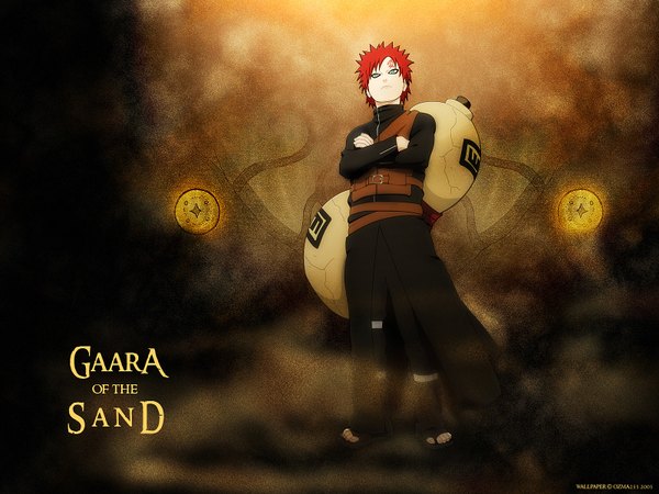 Anime picture 1600x1200 with naruto studio pierrot naruto (series) gaara single short hair open mouth standing green eyes signed full body red hair blurry depth of field wallpaper looking up crossed arms jinchuriki forehead mark boy