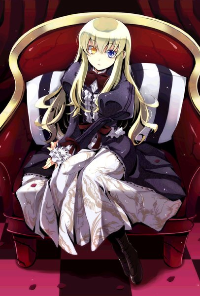 Anime picture 750x1107 with shikkoku no sharnoth liarsoft steampunk (liarsoft) mary clarissa christie tooya (the-moon) single long hair tall image blue eyes blonde hair sitting yellow eyes heterochromia checkered floor eyes girl ribbon (ribbons) petals boots bowtie