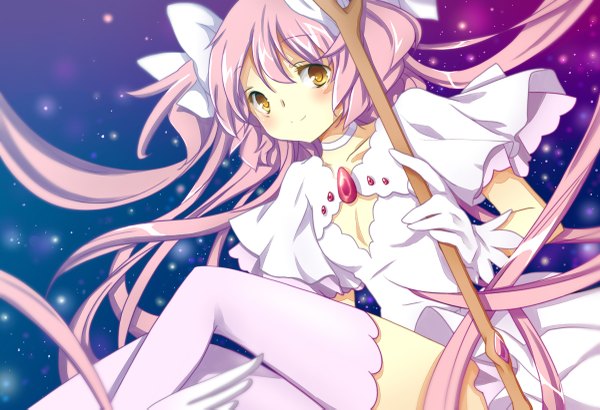 Anime picture 1200x821 with mahou shoujo madoka magica shaft (studio) kaname madoka goddess madoka lucidsky single long hair looking at viewer blush fringe breasts smile holding yellow eyes pink hair glow girl thighhighs dress gloves