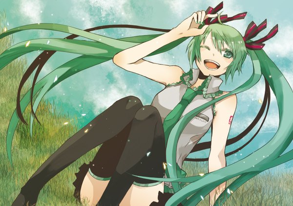 Anime picture 1500x1056 with vocaloid hatsune miku smile twintails green eyes sky very long hair green hair girl thighhighs ribbon (ribbons) necktie