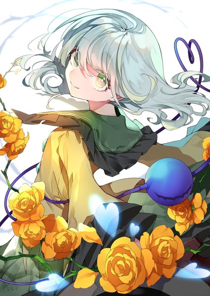 Anime picture 1359x1920 with touhou komeiji koishi risui (suzu rks) single tall image looking at viewer fringe short hair smile hair between eyes white background green eyes silver hair looking back heart of string girl flower (flowers) heart rose (roses) blouse