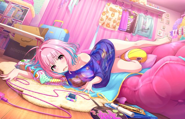 Anime picture 1280x824 with idolmaster idolmaster cinderella girls yumemi riamu annindoufu (oicon) single looking at viewer blush fringe short hair breasts open mouth large breasts brown eyes blue hair pink hair full body ahoge indoors multicolored hair barefoot