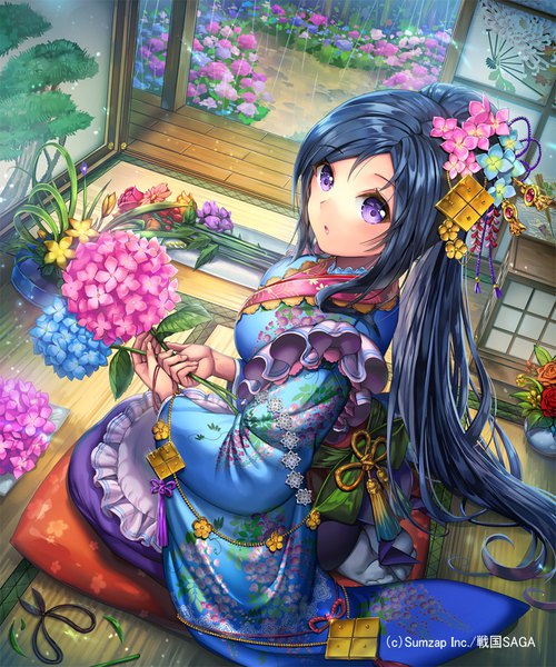 Anime-Bild 800x960 mit sengoku saga ells (ellsat) single tall image looking at viewer blush fringe open mouth sitting purple eyes holding blue hair indoors very long hair traditional clothes japanese clothes hair flower fingernails wide sleeves :o