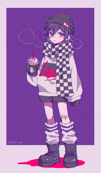 Anime picture 1000x1717 with dangan ronpa new danganronpa v3 ouma kokichi nagisa kiyo single tall image looking at viewer blush fringe short hair simple background hair between eyes standing purple eyes holding signed purple hair full body parted lips clothes writing