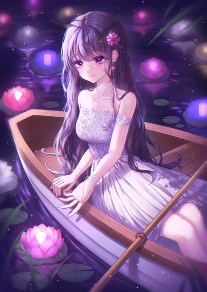Anime picture 2150x3035 with original bobmond single long hair tall image blush fringe highres breasts smile large breasts sitting purple eyes looking away purple hair outdoors blunt bangs hair flower fingernails anaglyph