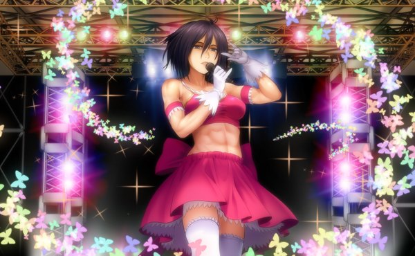 Anime picture 2100x1298 with shingeki no kyojin production i.g mikasa ackerman mutsuki (moonknives) single looking at viewer blush highres short hair open mouth black hair wide image bare shoulders black eyes bare belly midriff muscle singing humor girl