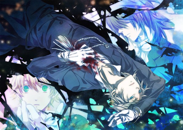 イラスト 1200x859 と パンドラハーツ xebec oz vessalius eliot nightray leo (pandora hearts) 豈可朽 前髪 短い髪 開いた口 黒髪 lying プロフィール aqua eyes arms behind head open collar hair over eyes 男性 手袋 ちょう結び 耳飾り