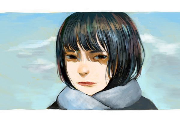 Anime picture 4000x2828 with original zashiki warashi (artist) single looking at viewer fringe highres short hair black hair brown eyes absurdres sky cloud (clouds) outdoors lips letterboxed shaded face face girl scarf