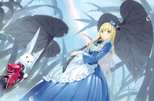 Anime picture 3502x2305 with alice in wonderland alice (wonderland) white rabbit long hair highres blonde hair red eyes standing absurdres rain girl dress plant (plants) grass