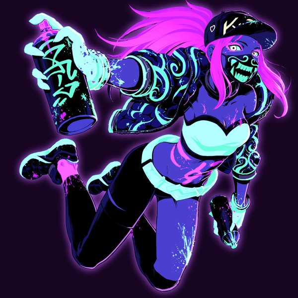Anime picture 2048x2048 with league of legends k/da (league of legends) akali (league of legends) k/da akali ume (yume uta da) single long hair looking at viewer highres breasts simple background holding yellow eyes payot pink hair cleavage full body bent knee (knees) ponytail wind