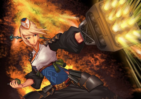 Anime picture 3507x2480 with dungeon and fighter single highres short hair blue eyes blonde hair looking away absurdres alternate costume alternate hairstyle falling girl weapon gun autumn leaves field cap grenade