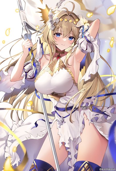 Anime picture 1500x2213 with granblue fantasy jeanne d'arc (granblue fantasy) yuntae single long hair tall image looking at viewer blush fringe breasts blue eyes light erotic simple background blonde hair smile hair between eyes large breasts standing white background signed