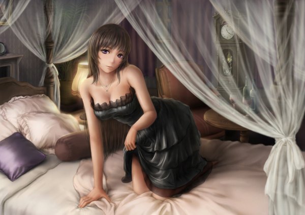 Anime picture 1280x904 with original kunai (tama) single long hair breasts light erotic brown hair purple eyes bare shoulders cleavage realistic undressing girl dress bed