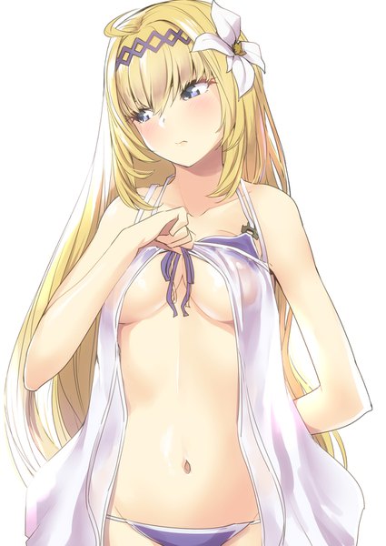 Anime picture 1200x1694 with granblue fantasy jeanne d'arc (granblue fantasy) nukkoru single long hair tall image blush fringe breasts blue eyes light erotic simple background blonde hair hair between eyes white background holding looking away ahoge hair flower arm behind back