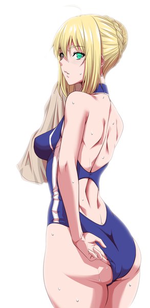 Anime picture 979x2000 with fate (series) fate/stay night artoria pendragon (all) saber zucchini single tall image looking at viewer fringe short hair breasts light erotic simple background blonde hair hair between eyes white background green eyes ass wet hair bun (hair buns)