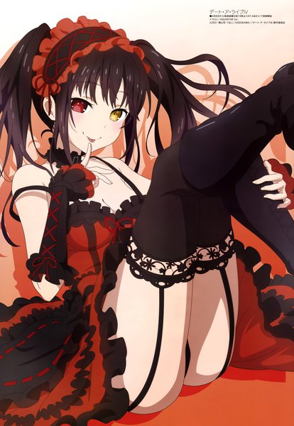 Anime picture 4089x5920 with date a live megami magazine tokisaki kurumi aqua inc. single long hair tall image looking at viewer blush fringe highres breasts light erotic black hair red eyes sitting yellow eyes absurdres cleavage scan