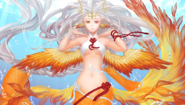 Anime picture 1750x1000 with original daikichi maru single looking at viewer highres wide image white hair braid (braids) very long hair midriff heterochromia head wings girl navel wings bubble (bubbles)