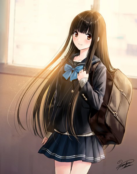 Anime picture 1080x1375 with original kazuharu kina single long hair tall image looking at viewer blush fringe black hair smile standing holding brown eyes signed payot blunt bangs long sleeves pleated skirt backlighting playing with hair