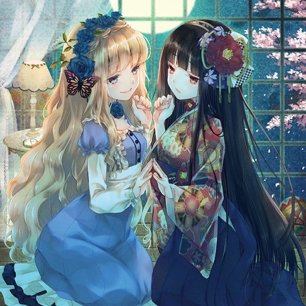 Anime picture 1000x1000 with original nama2e long hair blue eyes black hair blonde hair smile multiple girls brown eyes very long hair traditional clothes japanese clothes hair flower wavy hair girl dress hair ornament flower (flowers) 2 girls hairband