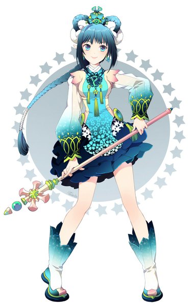 Anime picture 640x1000 with nardack single tall image looking at viewer blue eyes simple background smile standing holding blue hair very long hair girl dress flower (flowers) earrings star (symbol) short dress staff