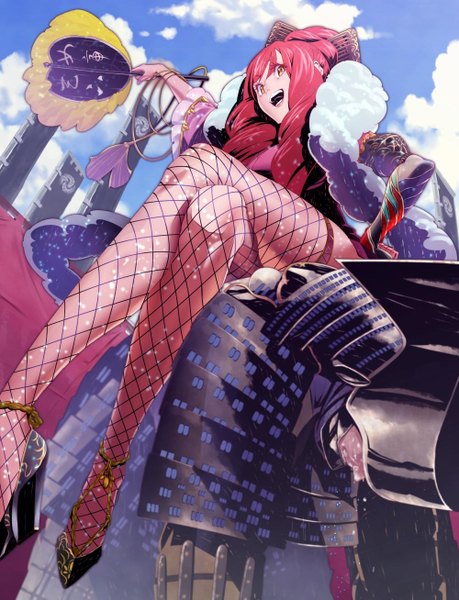 Anime picture 1000x1308 with original 23crimson long hair tall image looking at viewer fringe sitting pink hair sky cloud (clouds) long sleeves pink eyes wide sleeves sweat high heels legs crossed legs drill hair happy samurai