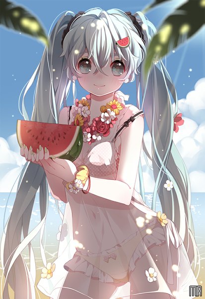 Anime picture 700x1017 with vocaloid hatsune miku mia0309 single tall image looking at viewer light erotic twintails sky cloud (clouds) very long hair aqua eyes aqua hair see-through silhouette girl hair ornament flower (flowers) swimsuit bikini food