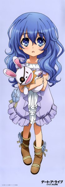 Anime picture 1405x4022 with date a live yoshino (date a live) yoshinon single long hair tall image looking at viewer blush open mouth blue eyes blue hair scan official art loli girl dress shoes toy stuffed animal stuffed toy