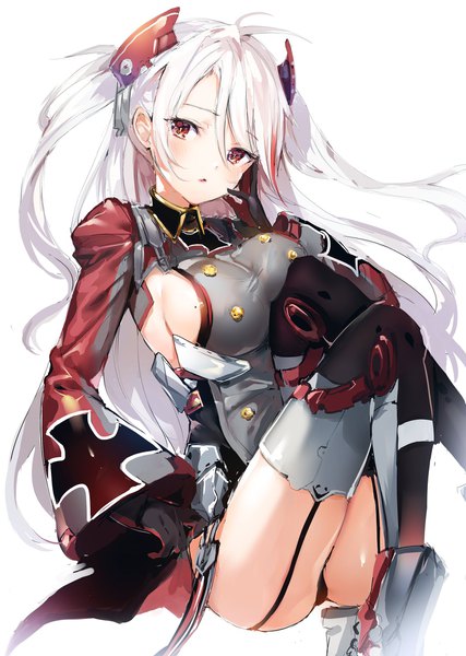 Anime picture 1456x2048 with azur lane prinz eugen (azur lane) umibouzu (niito) single long hair tall image looking at viewer blush fringe breasts light erotic simple background hair between eyes red eyes large breasts white background sitting white hair mole two side up