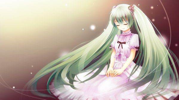 Anime picture 1200x675 with vocaloid hatsune miku shiramori yuse single simple background wide image twintails eyes closed very long hair green hair girl dress ribbon (ribbons)