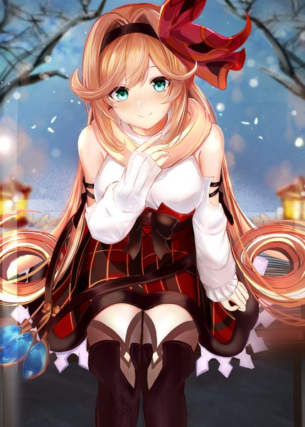 Anime picture 1732x2424 with granblue fantasy clarisse (granblue fantasy) efuri (riarea00) single long hair tall image looking at viewer blush fringe highres hair between eyes sitting bare shoulders payot bent knee (knees) outdoors aqua eyes light smile blurry orange hair