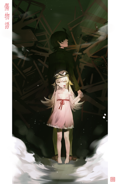 Anime picture 782x1200 with kizumonogatari shaft (studio) monogatari (series) oshino shinobu araragi koyomi k (sktchblg) long hair tall image short hair black hair blonde hair standing yellow eyes full body ahoge profile barefoot copyright name holding hands strap slip