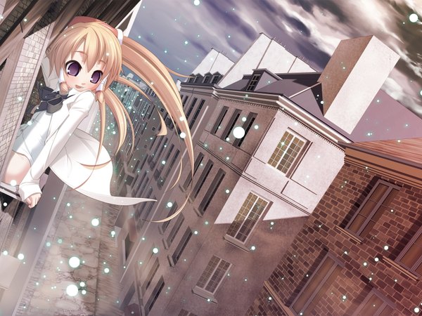 Anime picture 1600x1200 with majokko a la mode mariemaia glory single long hair blush fringe open mouth blonde hair hair between eyes purple eyes looking away sky outdoors wind loli dutch angle wallpaper city snowing winter