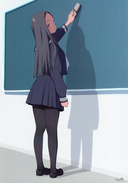 Anime picture 3248x4639 with original kamo (gafas) single long hair tall image looking at viewer blush highres black hair standing brown eyes signed absurdres full body long sleeves parted lips pleated skirt scan shadow turning head