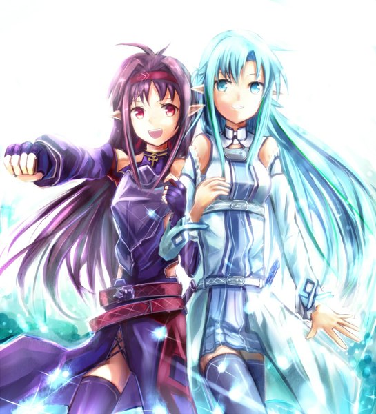 Anime picture 1000x1101 with sword art online a-1 pictures yuuki asuna yuuki (sao) asuna (sao-alo) sakura ani long hair tall image open mouth blue eyes red eyes multiple girls blue hair purple hair pointy ears girl thighhighs dress 2 girls detached sleeves