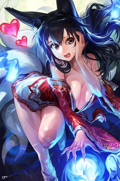 Anime picture 800x1200 with league of legends ahri (league of legends) modare single long hair tall image fringe breasts open mouth light erotic black hair large breasts brown eyes animal ears tail embarrassed magic facial mark fox girl multiple tails