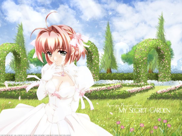 Anime picture 1280x960 with kimi ga nozomu eien suzumiya haruka single looking at viewer blush fringe short hair light erotic standing sky cloud (clouds) outdoors red hair sunlight embarrassed arm behind back silver eyes hand to mouth girl dress