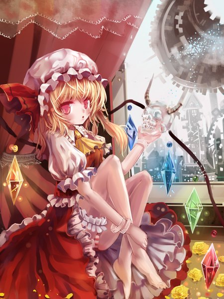 Anime picture 1650x2200 with touhou flandre scarlet zerii (cdcdqqq) tall image blush short hair light erotic blonde hair red eyes girl dress wings bracelet bonnet skull crystal
