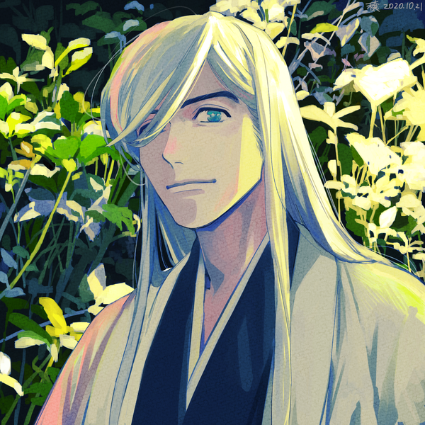 Anime picture 3000x3000 with bleach studio pierrot ukitake juushirou jou (jo jjo) single long hair looking at viewer fringe highres upper body white hair traditional clothes japanese clothes aqua eyes hair over one eye dated boy plant (plants) kimono