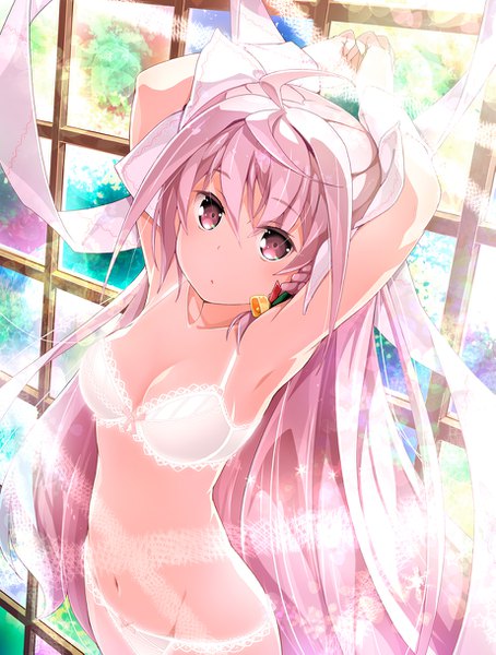 Anime picture 921x1217 with kokoro rista! alpha (kokoro rista) akata itsuki single long hair tall image looking at viewer fringe light erotic hair between eyes standing pink hair ahoge indoors braid (braids) very long hair pink eyes sunlight :o armpit (armpits)