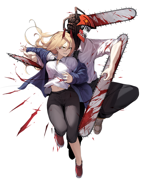 Anime picture 1714x2143 with chainsaw man mappa power (chainsaw man) denji (chainsaw man) ddangbi long hair tall image fringe highres open mouth simple background blonde hair smile hair between eyes white background looking away horn (horns) bloody weapon girl boy