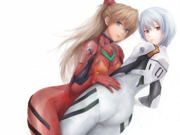 Anime picture 1600x1200 with neon genesis evangelion gainax soryu asuka langley ayanami rei white background